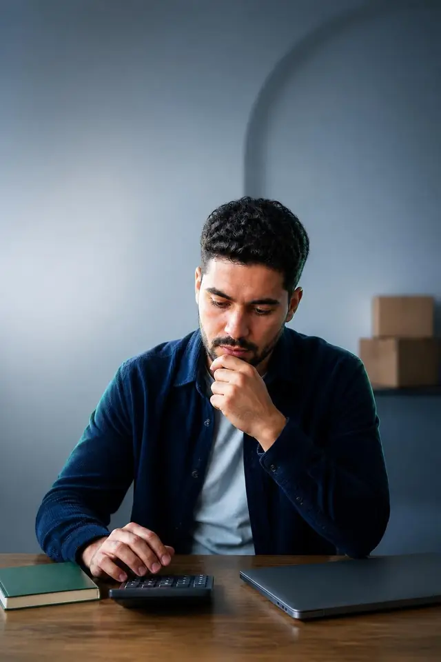 بائع عبر الإنترنت يضع يده على ذقنه ويفكّر أمام آلة حاسبة، وطرود في الخلفية